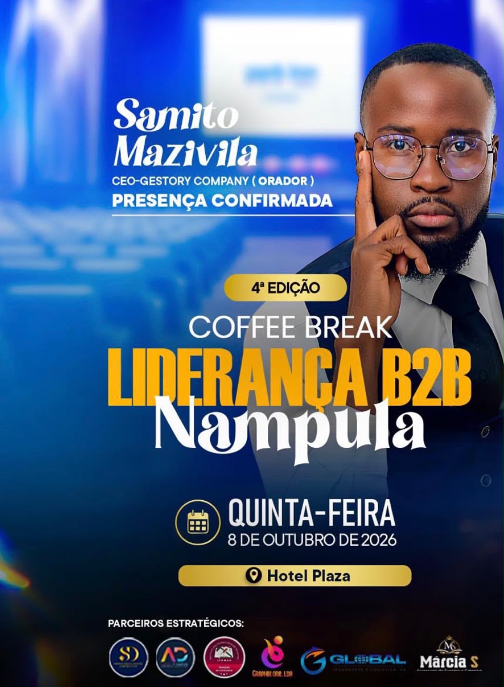 Cartaz de confirmação de presença de Samito Mazivila, CEO da Gestory Company, na 4.ª edição