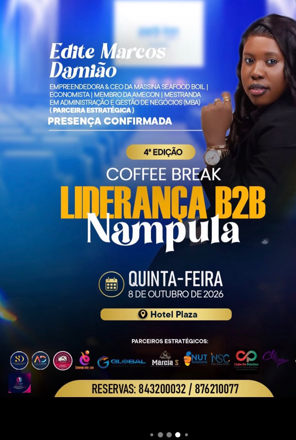 Cartaz de confirmação de presença de Edite Marcos Damião, CEO da Massina Seafood Boil, na 4.ª edição